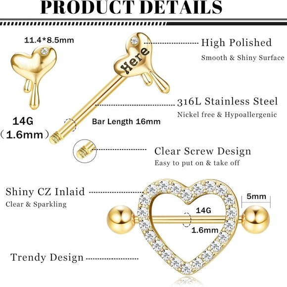 8 Pairs 14G Stainless Steel CZ Nipple Rings Set Hypoallergenic Jewelry - Picture 4 of 6